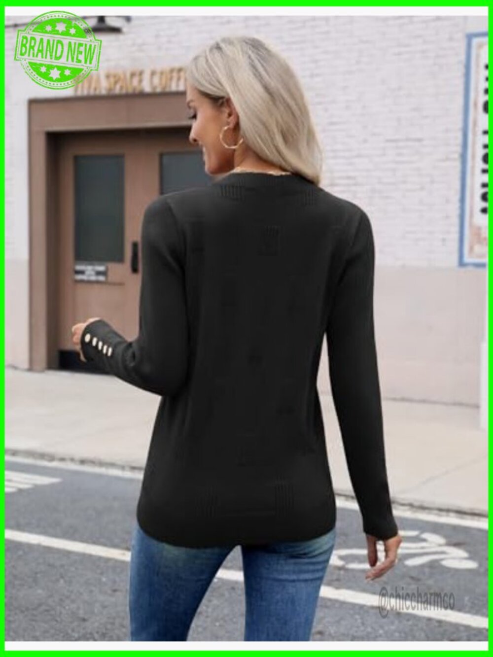 Lightweight Ribbed Knit Pullover Sweater with V-Neck and Button Cuffs - Picture 4 of 7